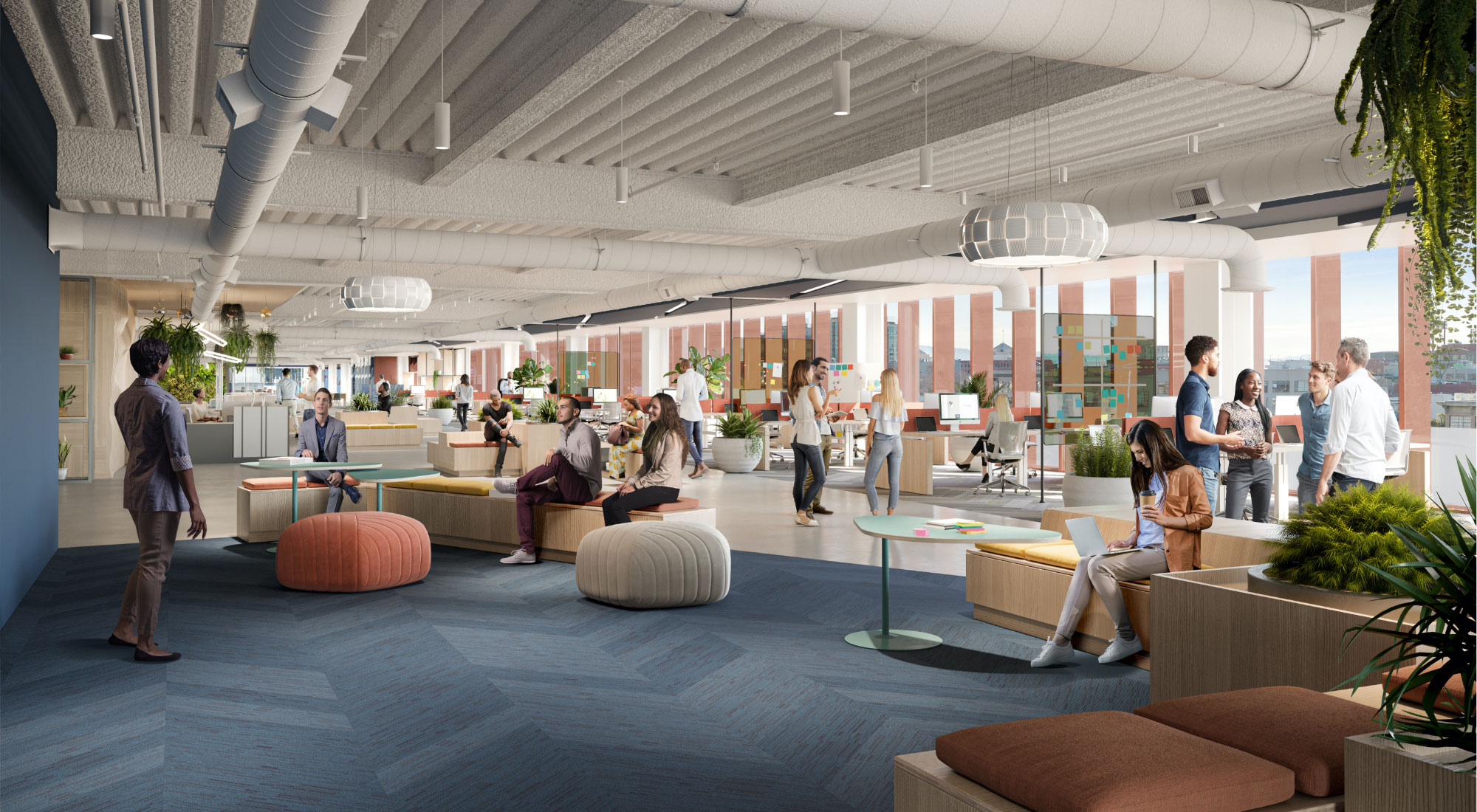 Digital rendering of young professionals utilizing a large open office space