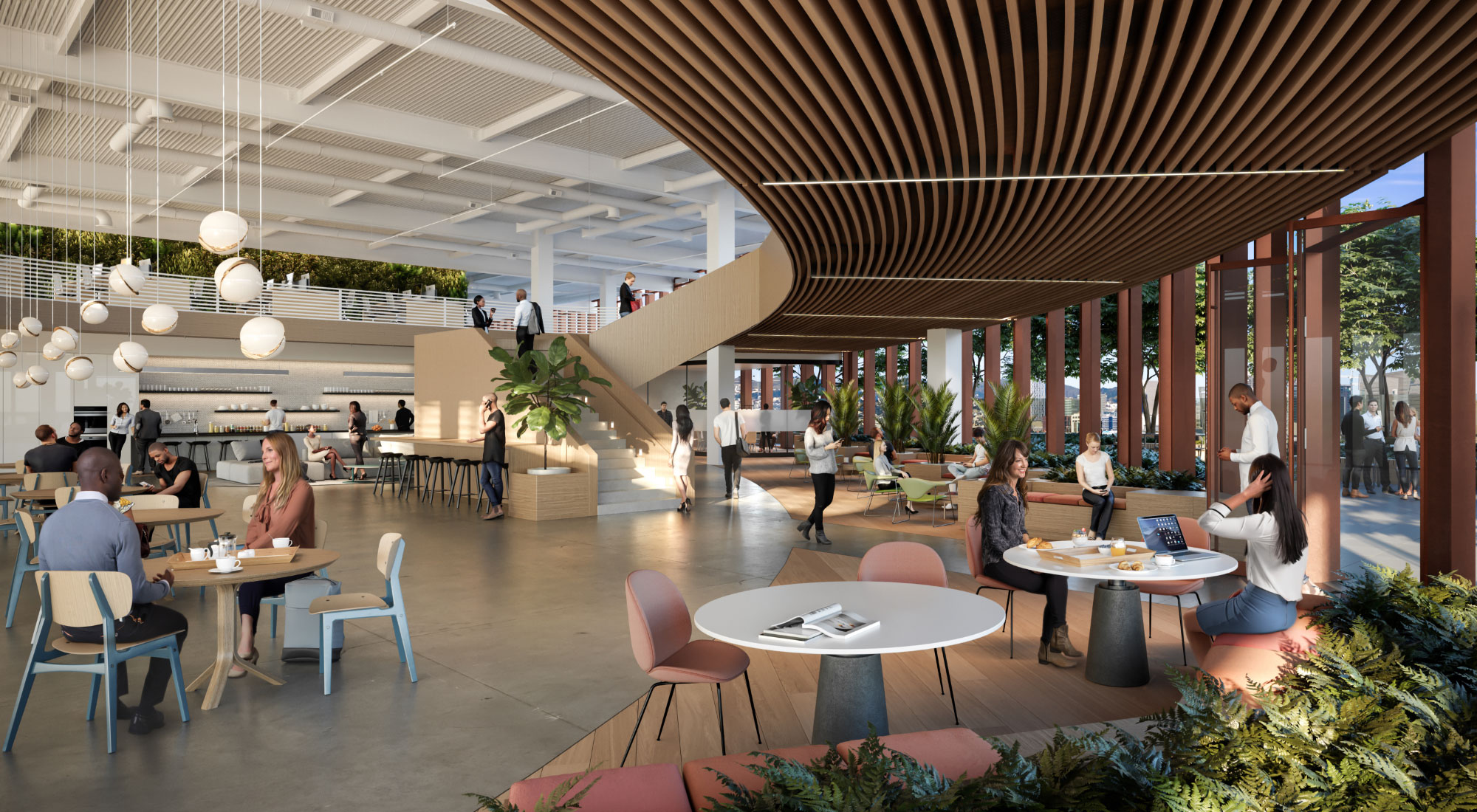 Large open cafe space with staircase leading to second level