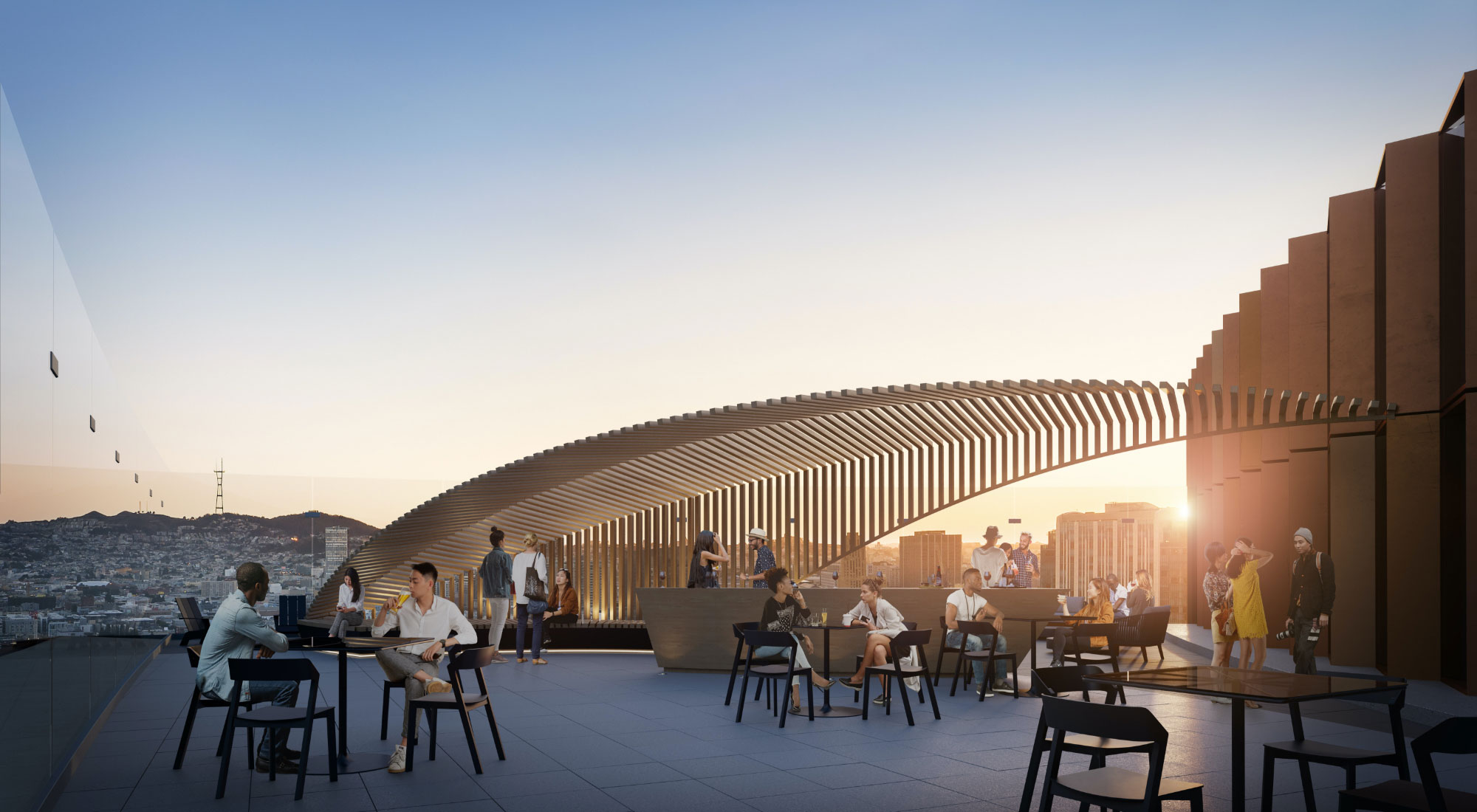 A crowd enjoys a rooftop lounge area at sunset