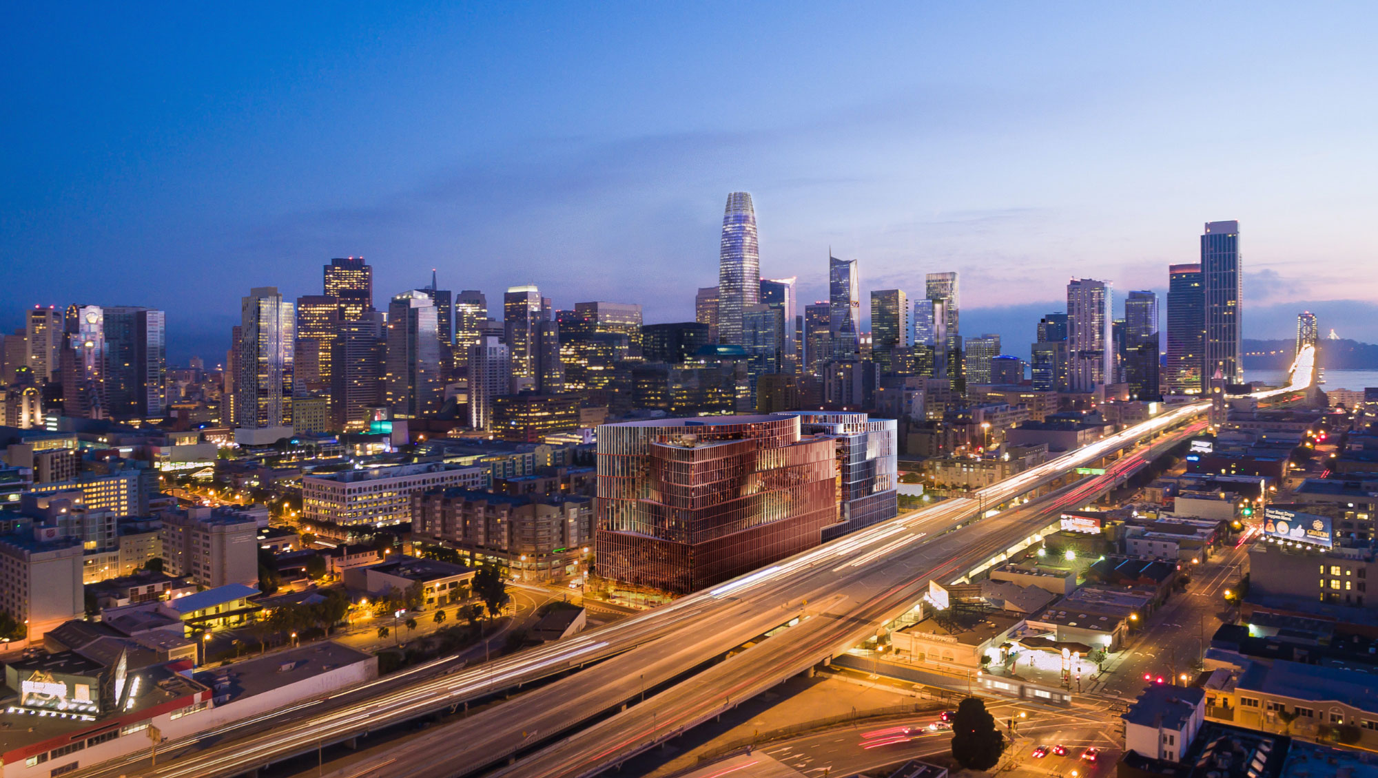 Aerial view of San Francisco skyline at night