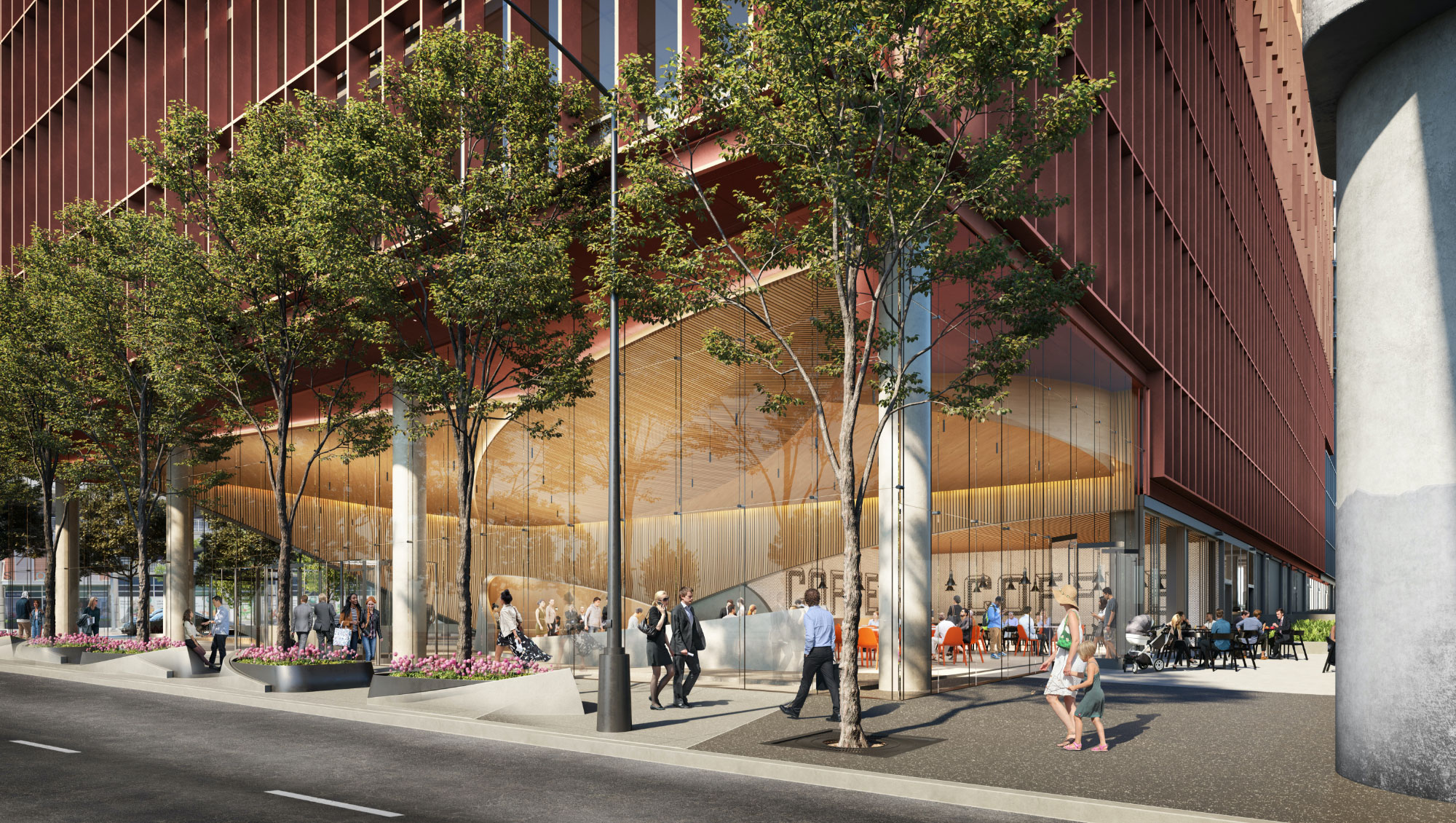 Exterior sidewalk view of passerbys outside a ground floor coffee shop