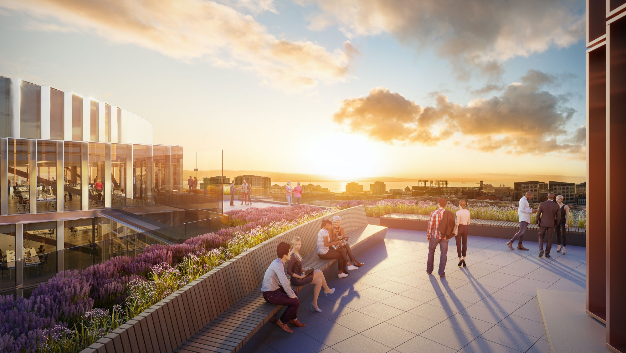 Digital rendering of people enjoying a rooftop lounge area at sunset
