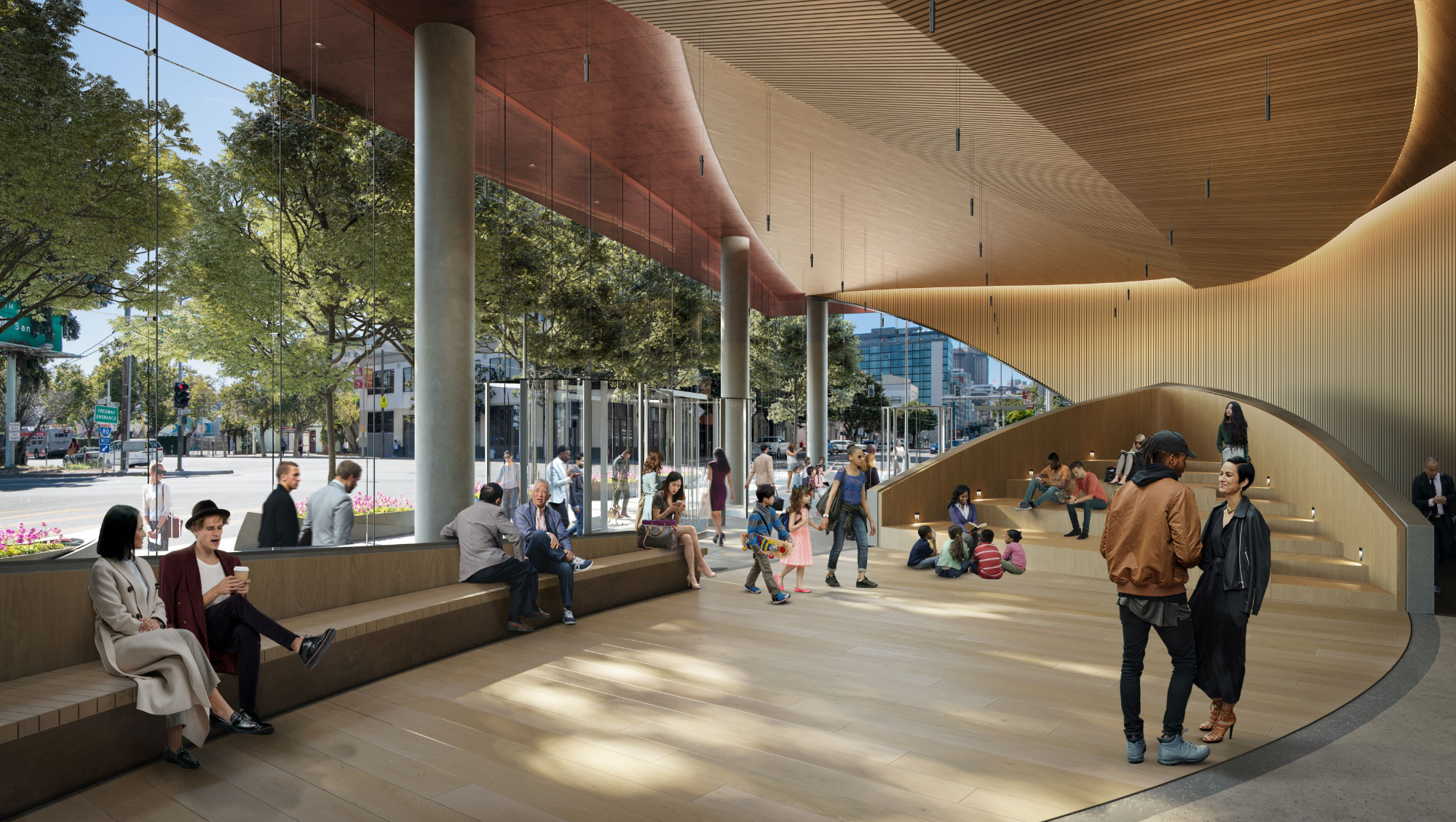 Digital rendering of a crowd enjoying an indoor common area